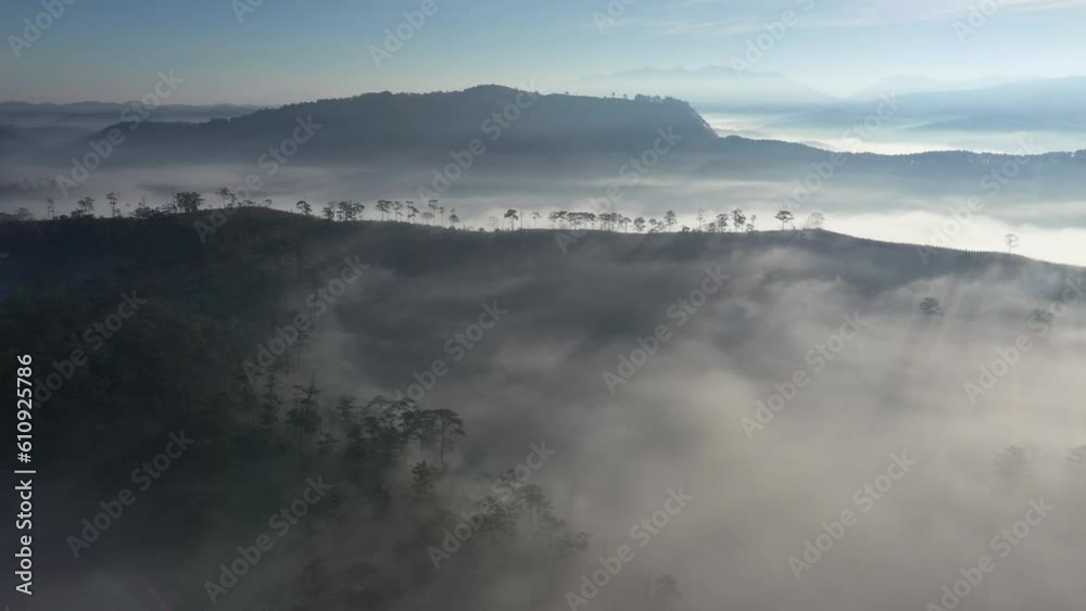 27c national road, Lac Duong, Lam Dong, Vietnam. Misty fog blowing over pine tree forest. Footage of spruce forest trees on the mountain hills at misty day. Morning fog at beautiful autumn forest. 27c national road, Lac Duong, Lam Dong, Vietnam. Misty fog blowing over pine tree forest. Footage of spruce forest trees on the mountain hills at misty day. Morning fog at beautiful autumn forest.