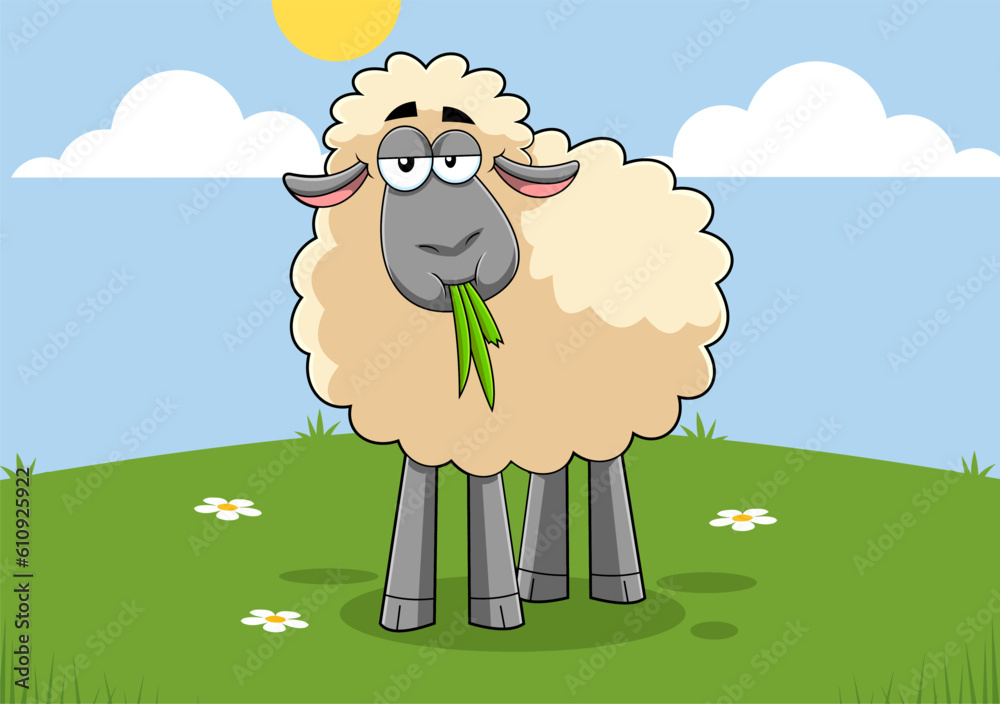 Funny Sheep Cartoon Character Eating A Grass. Vector Hand Drawn Illustration With Landscape Background Funny Sheep Cartoon Character Eating A Grass. Vector Hand Drawn Illustration With Landscape Background