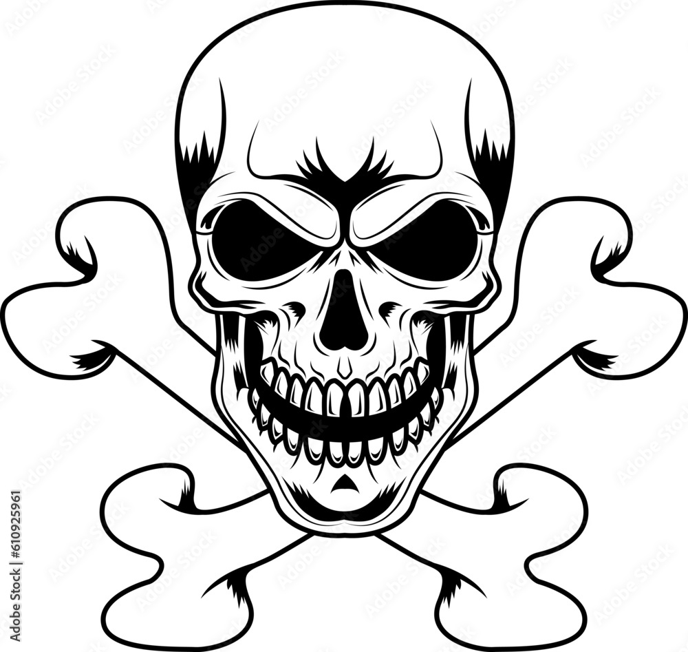 Outlined Skull With Crossbones Pirate Symbol Graphic Logo Design. Vector Hand Drawn Illustration Isolated On Transparent Background