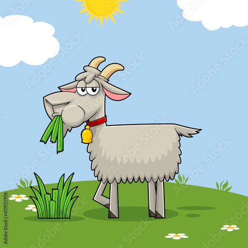 Funny Goat Cartoon Character Eating A Grass On A Hill. Vector Hand Drawn Illustration With Landscape Background