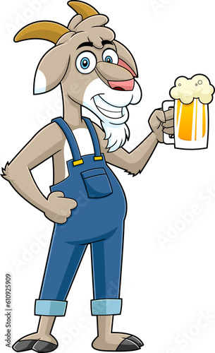 Goat Farmer Cartoon Character Holding A Glass Of Beer. Vector Hand Drawn Illustration Isolated On Transparent Background