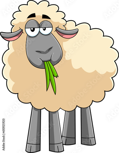 Funny Sheep Cartoon Character Eating A Grass. Vector Hand Drawn Illustration Isolated On Transparent Background