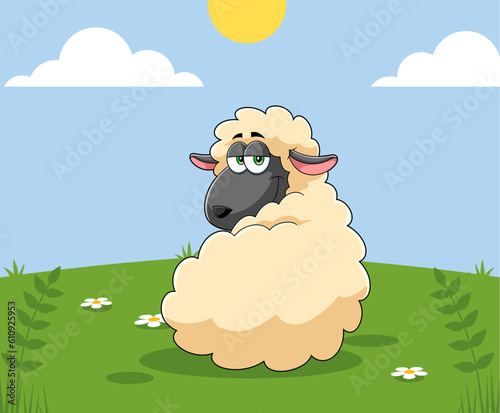 Smiling Female Sheep Cartoon Character. Vector Hand Drawn Illustration With Landscape Background