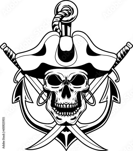 Outlined Pirate Skull With Two Sabres Over Anchor Graphic Logo Design. Vector Hand Drawn Illustration Isolated On Transparent Background
