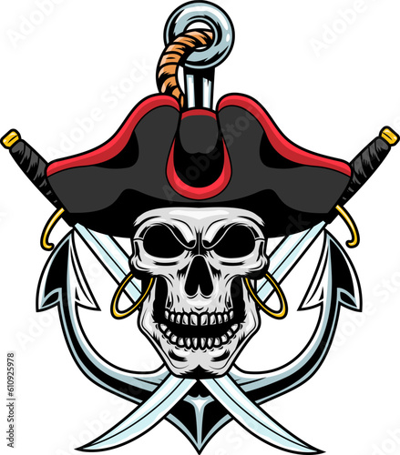 Pirate Skull With Two Sabres Over Anchor Graphic Logo Design. Vector Hand Drawn Illustration Isolated On Transparent Background