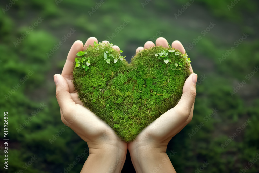 Love Nature and Save the Environment, Hands holding green heart shaped leaf - obrazy, fototapety, plakaty 