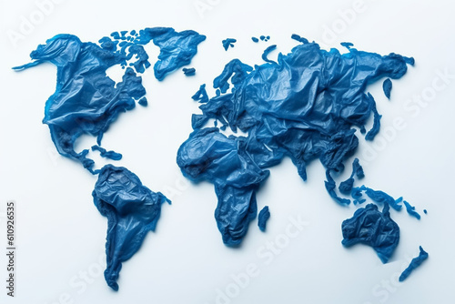 world plastic pollution concept. World map with plastic trash bags on the continents photo