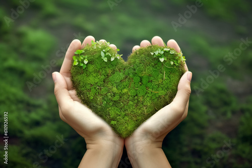 Love Nature and Save the Environment, Hands holding green heart shaped leaf