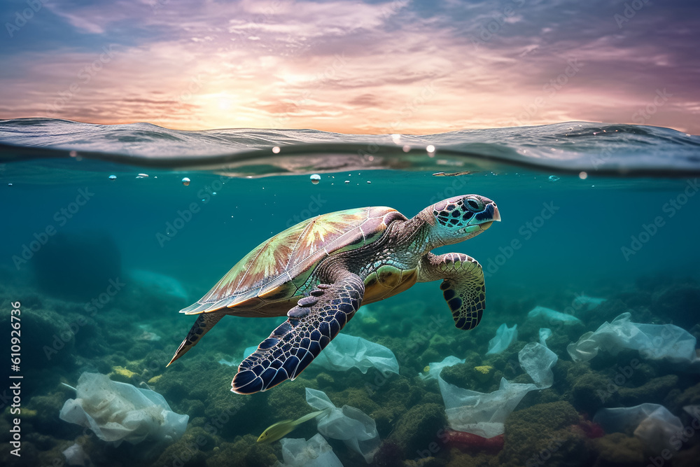 Fototapeta premium Plastic pollution in the ocean around the turtle