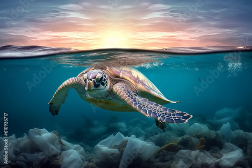 Plastic pollution in the ocean around the turtle