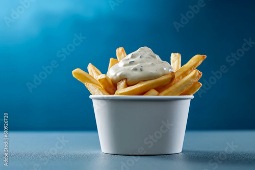  tasty and crunchy french fries in a box with mayonnaise on a blue wall, created with generative ai