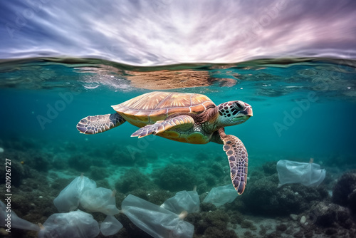 Plastic pollution in the ocean around the turtle
