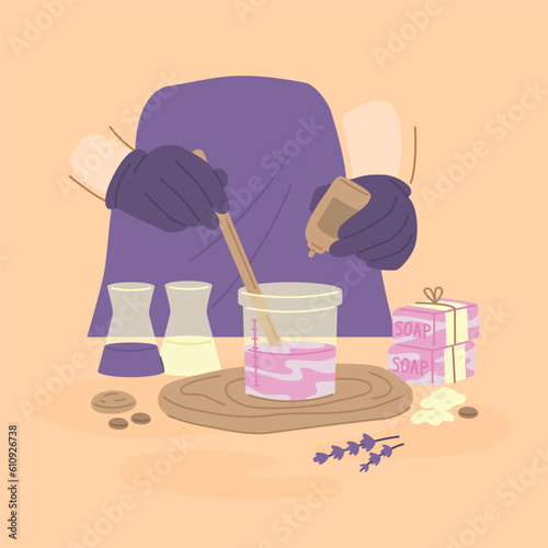 Person wearing gloves and an apron making natural handmade soap, closeup.