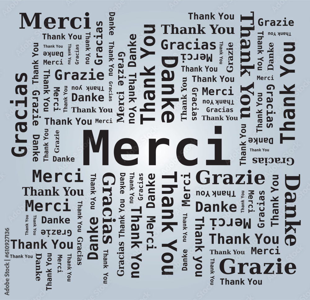 Fototapeta premium Merci - Thank You - Danke - Grazie - Gracias Nuage de Mots 5 Langues Français Anglais Italien Allemand Espagnol Fond Clair Vecteur