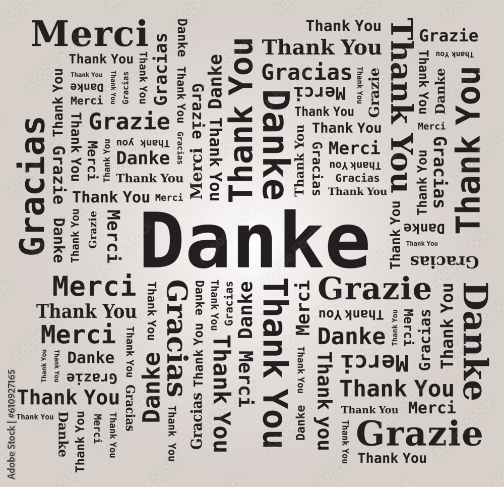 Fototapeta premium Merci - Thank You - Danke - Grazie - Gracias Nuage de Mots 5 Langues Français Anglais Italien Allemand Espagnol Fond Clair Vecteur