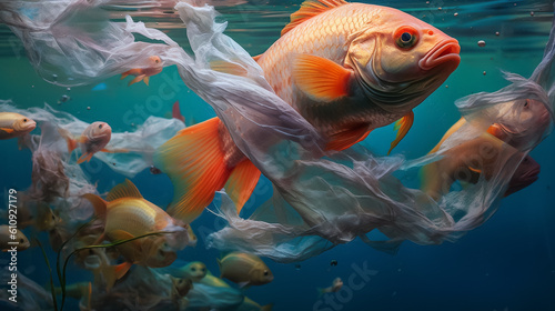 fish caught in a plastic bag in the sea © ASHFAQ