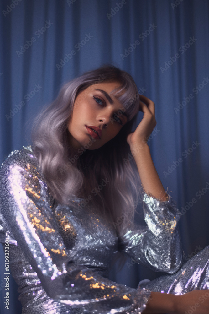 Fototapeta premium Woman in silver sequins dress. Generative AI