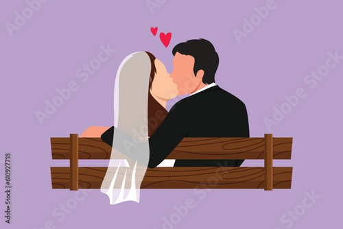 Character flat drawing back view of married couple man and woman in sweet kissing sitting on bench in park. Romantic guy and pretty girl in love with wedding dress. Cartoon design vector illustration