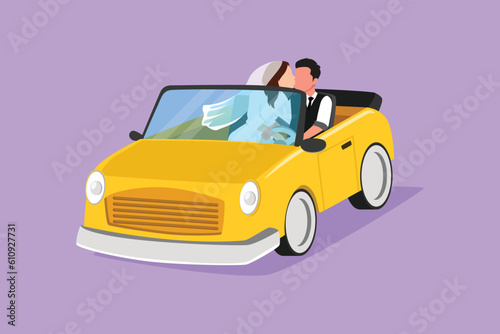 Cartoon flat style drawing romantic married couple riding car going on road trip. Man and woman driving in cabriolet car with wedding dress for honeymoon vacation. Graphic design vector illustration