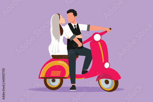 Character flat drawing married couple with scooter vintage, pre-wedding concept. Happy man and cute woman with motorcycle, amorous relationship. Romantic road trip. Cartoon design vector illustration