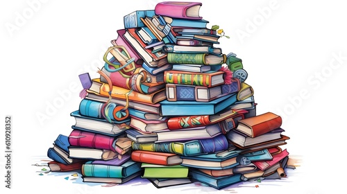 Pile of old books isolated on white. Generative AI