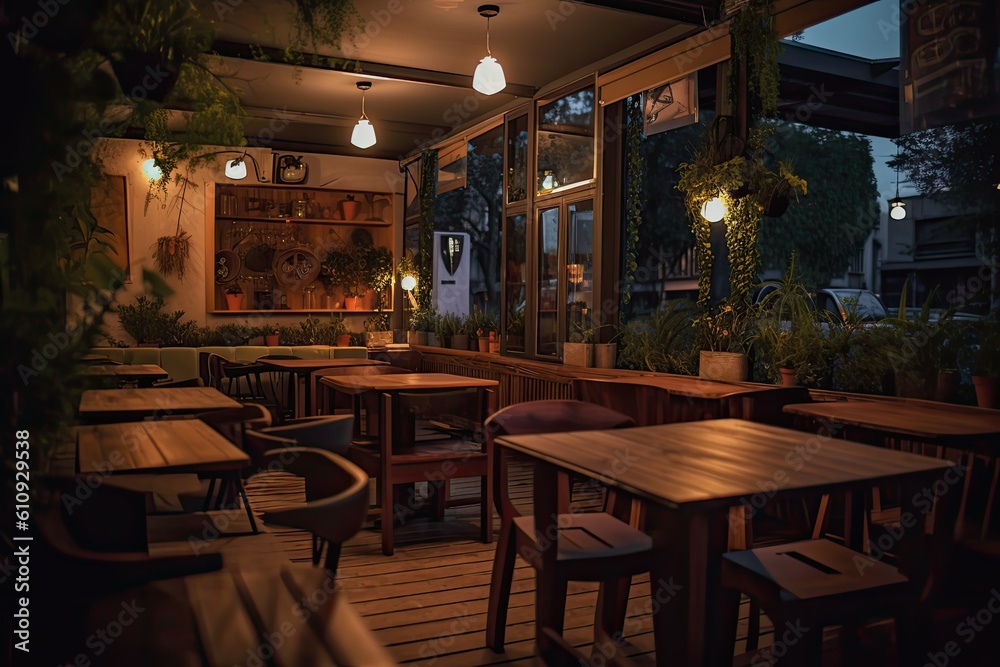 Interior of a restaurant with wooden design. Generative AI.