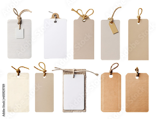 Blank Price gift label note sign tag with string. Many assorted different range types isolated on transparent background cutout. PNG file.  photo