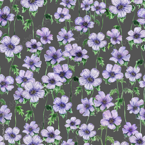 Seamless pattern with spring flowers. Blue anemones, violets, hellebore are painted in watercolor. Botanical elements of petals, leaves, twigs. Design for packaging, paper, wallpaper, postcard.