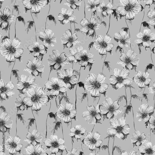 Black and white vintage floral pattern. Seamless botanical ornament in watercolor. Flowers are hand drawn with ink. Design for fashion textile, wallpaper, packaging, paper.