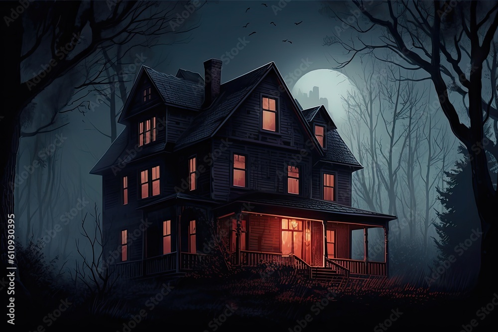 Haunted house in the woods. Generative AI. Haunted house in the woods. Generative AI.