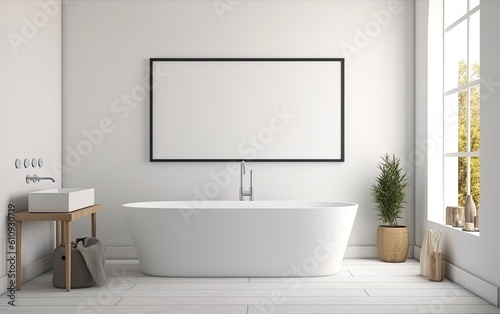 Modern bathroom interior with bathtub. Generative AI.