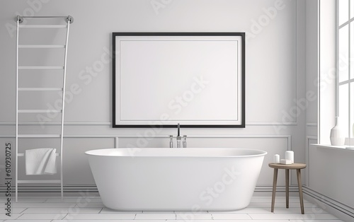 Modern bathroom interior with bathtub. Generative AI.