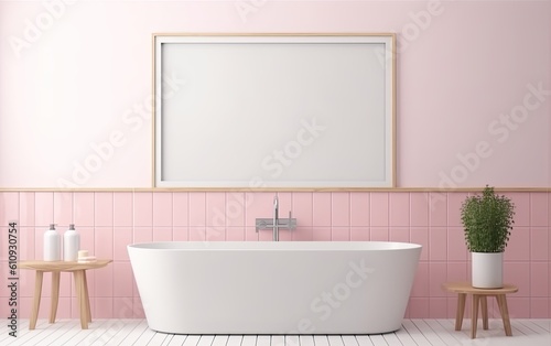 Modern pink bathroom interior with bathtub. Generative AI.