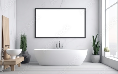 Modern bathroom interior with bathtub. Generative AI. © hugo