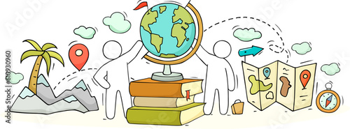 Doodle people, world globe map and books