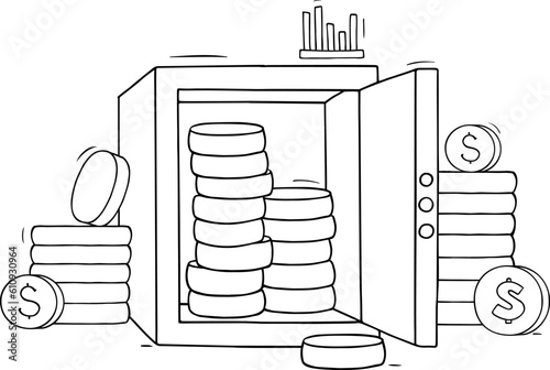 Metal safe with open door, people, coins stacks