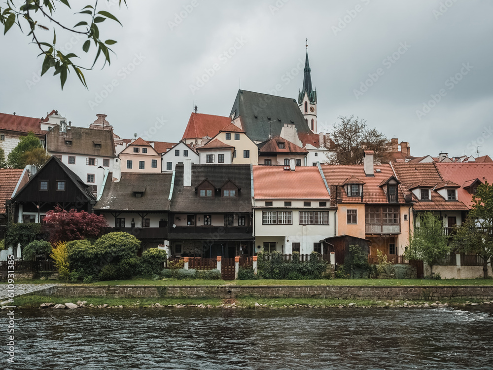 Cesky Krumlov. General view of the old town from the Vltava river. Czech Republic