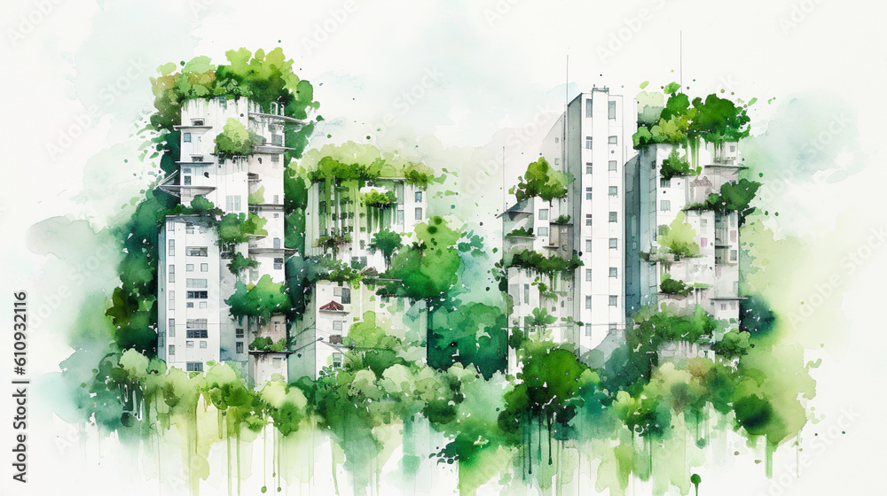 緑化された建物のイラスト背景　Generative AI