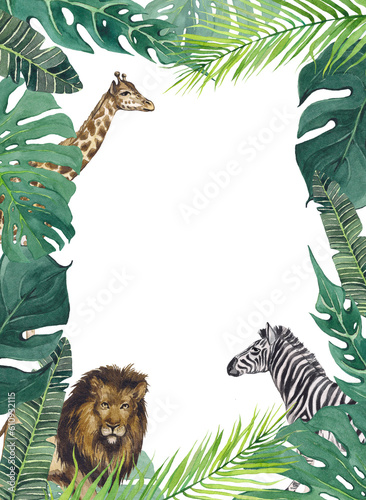 Watercolor frame with tropical green leaves and animals. Giraffe, zebra and lion. Green background with space for text. Floral frame for the design of invitations, postcards. African, tropical animals