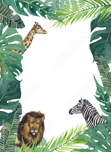 Photography Watercolor frame with tropical green leaves and animals