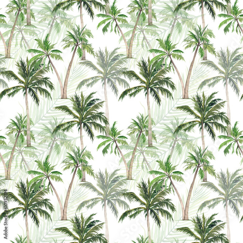 Watercolor seamless pattern with palm trees. Tropical print on a white background. Palm trees, tropics, exotic wildlife. Design for textiles, stationery, beach holiday theme. © Yana