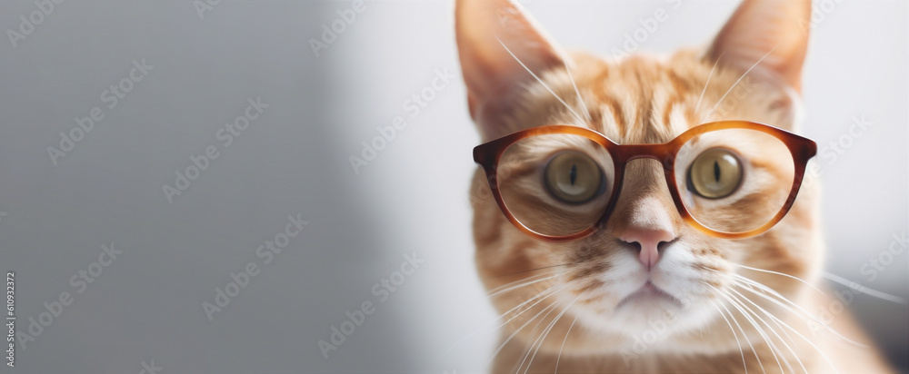 Smart cat with glasses on a light background, size banner, ai generation Smart cat with glasses on a light background, size banner, ai generation