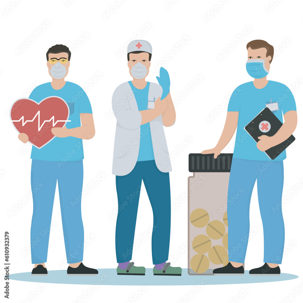 color set of three masked medics in vector