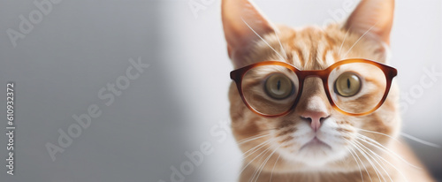 Smart cat with glasses on a light background  size banner  ai generation