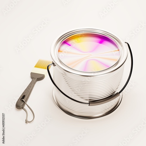 A paint bucket with a paint brush on a white background.3D render