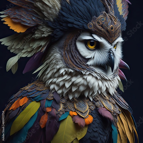 an owl wears a colorful feather, generative AI