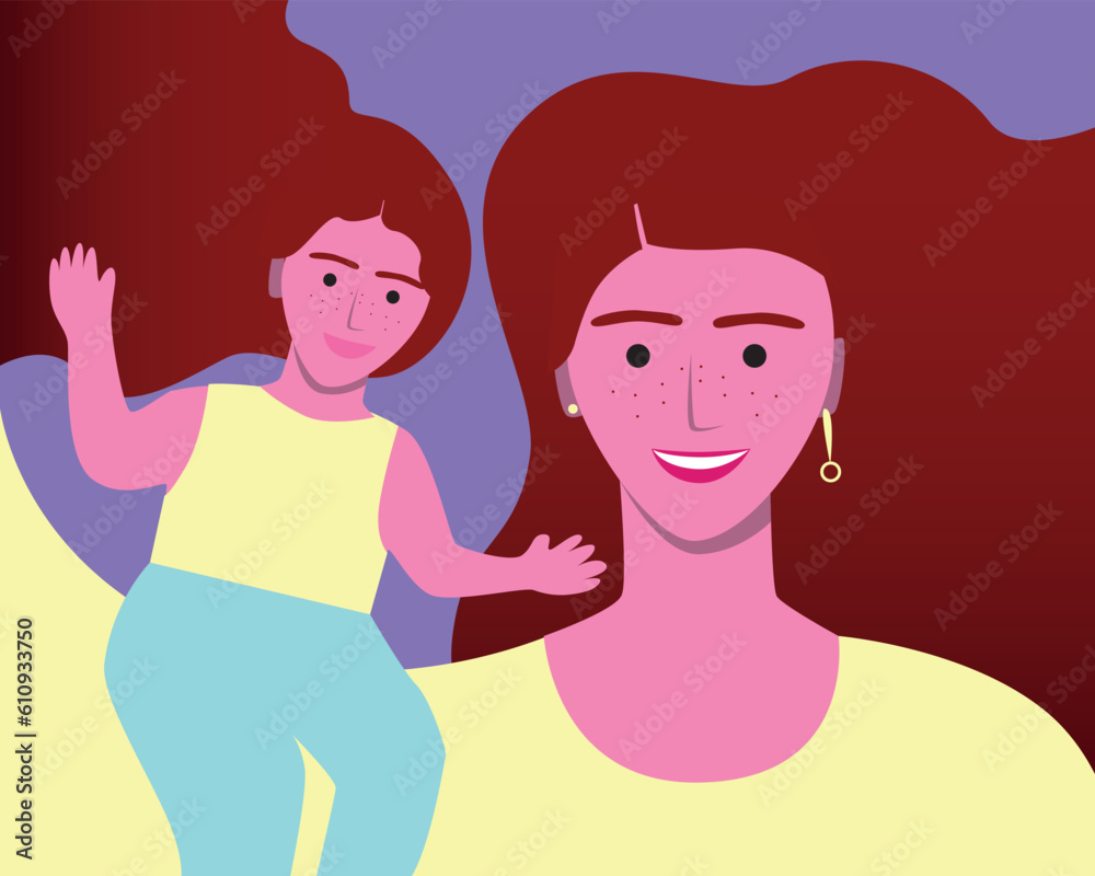 Modern natural mother with freckles and daughter with red hair, concept of care, love, motherhood, flat vector stock illustration Modern natural mother with freckles and daughter with red hair, concept of care, love, motherhood, flat vector stock illustration