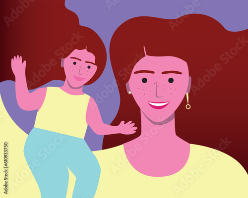 Modern natural mother with freckles and daughter with red hair, concept of care, love, motherhood, flat vector stock illustration