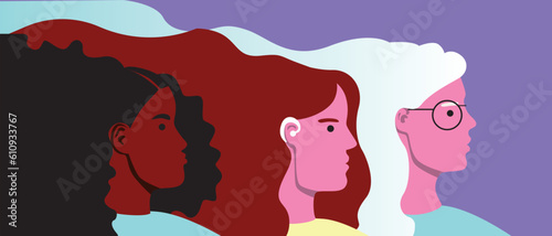 Modern natural women as a symbol of mental health, different age, ethnic group, disability, vector stock illustration