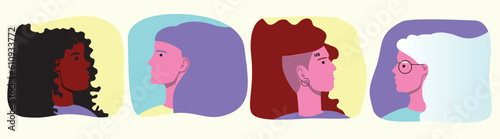 Set or isolated collection with natural modern women, different age, ethnic group, vector stock illustration